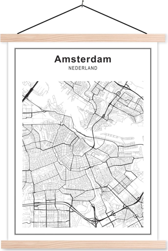 MuchoWow Textilposter Stadtplan - Amsterdam - Schwarz und weiß 60x80 cm mit holzfarbenen Rahmen - Wandbild