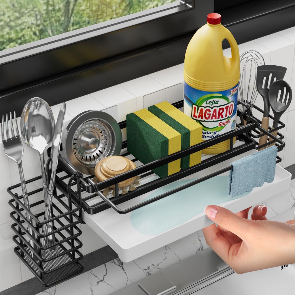 Küchenorganizer für die Spüle, schmal mit Abtropffläche und 2 Halterungen, Wandmontage, kein Bohren erforderlich, selbstklebender Organizer fü...