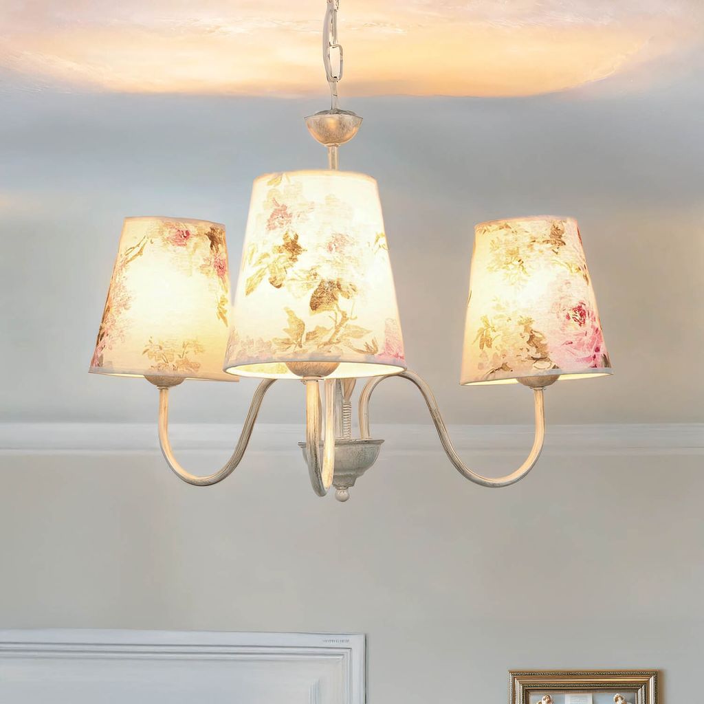 Landhaus Kronleuchter Pendelleuchte 3-flammig mit Schirm Floral Shabby Chic Hängelampe Esszimmer Wohnzimmer Schlafzimmer