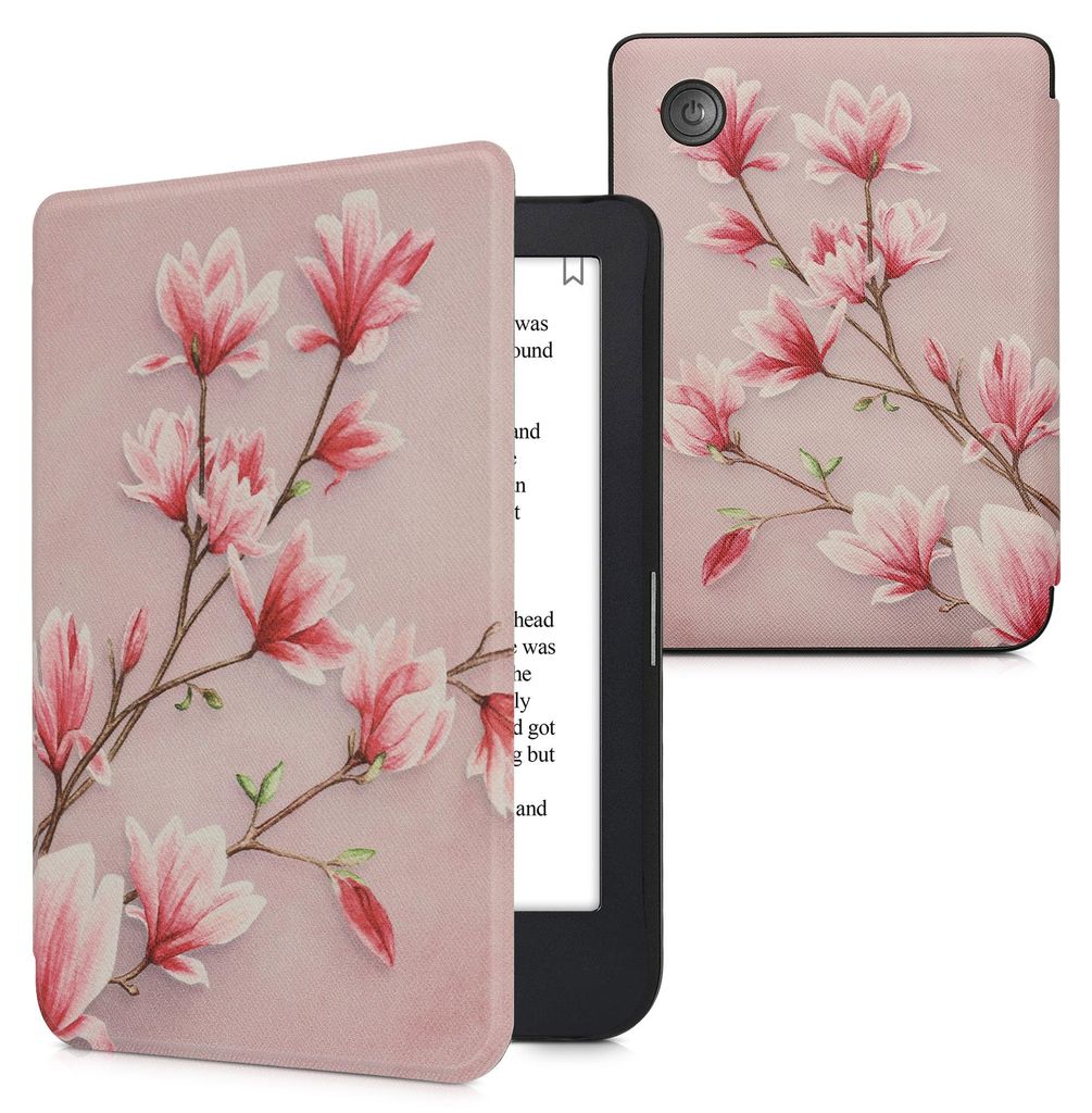 kwmobile Schutzhülle für Kobo Clara 2E / Tolino Shine 4 Hülle - eReader Flip Case mit Auto Sleep Funktion - Magnolien mit Rosa Weiß Altrosa