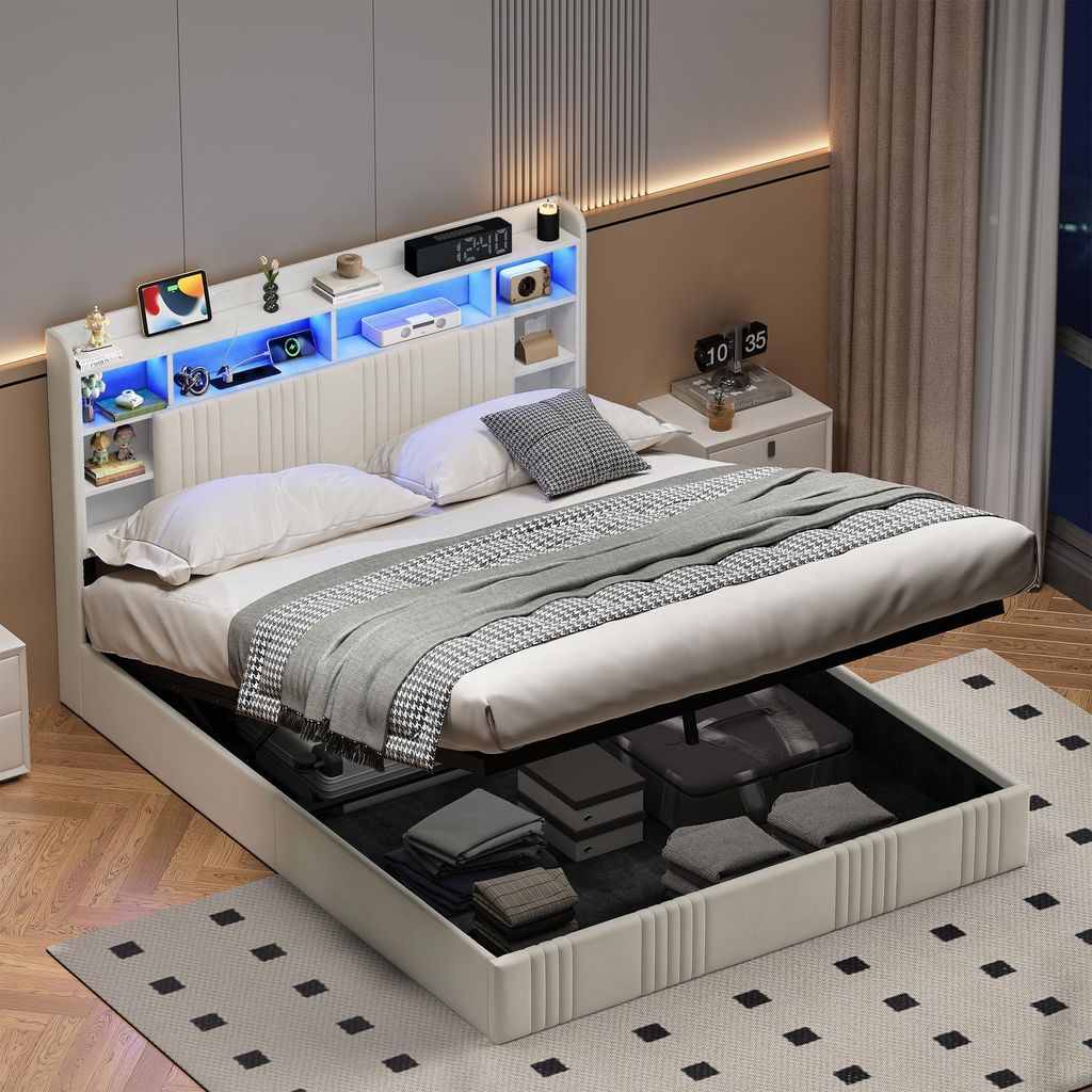 ProximaX  Stauraumbett 160x200 cm Beige Leinen mit Produktbild 