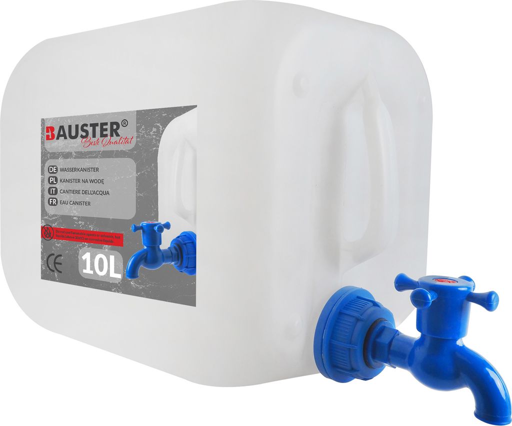 BAUSTER Wasserkanister 10L mit Hahn Kunststoffwasserkanister, Trinkwasserkanister, Handwaschwasser, Wasserkanister mit Hahn für Camping, horizontal
