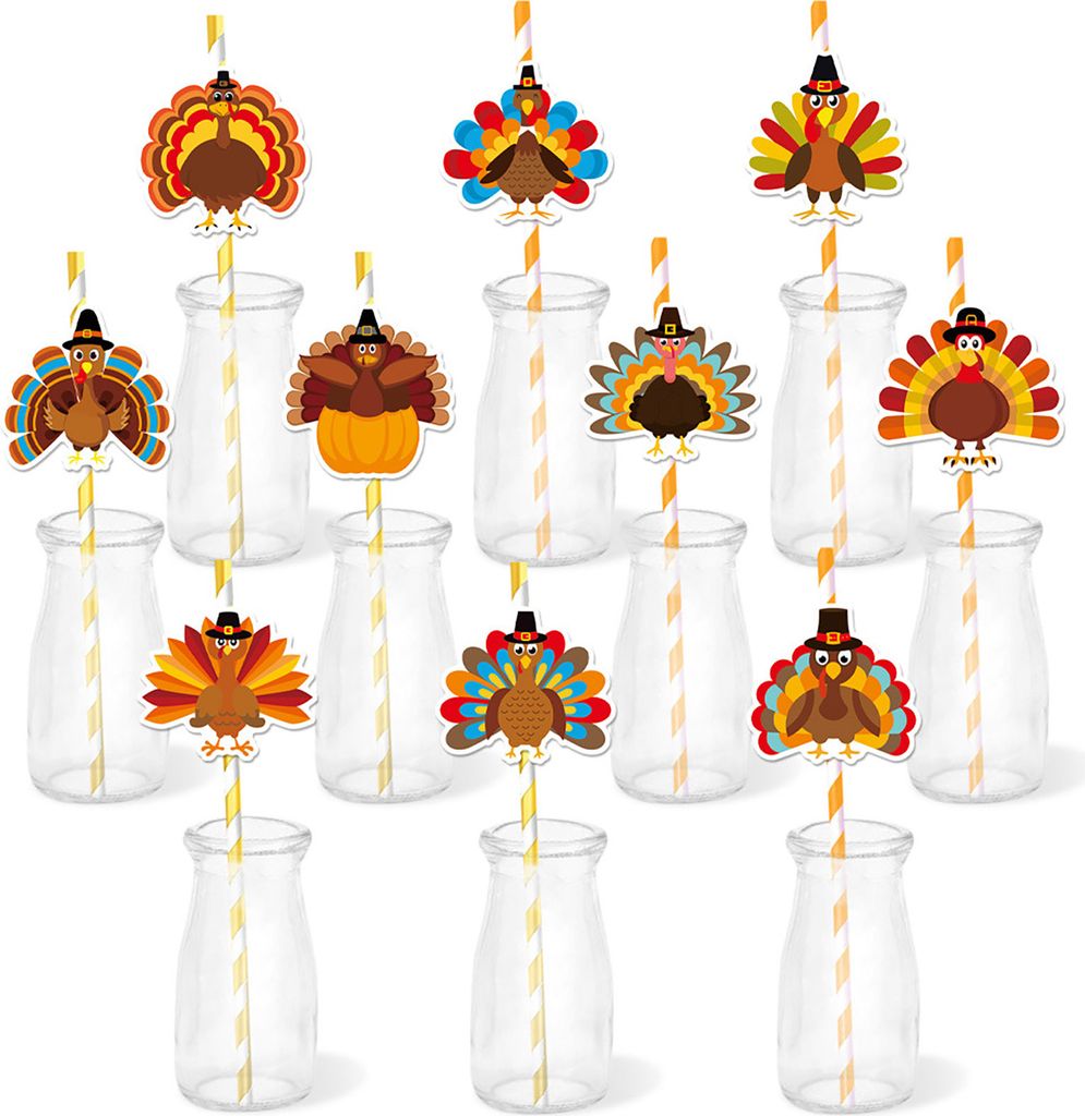 20 Stück Thanksgiving-Strohhalme, einfach zu installieren, Strohhalmeinsatz in Truthahnform, Thanksgiving-Getränkedekoration für Herbstpartys, 2...