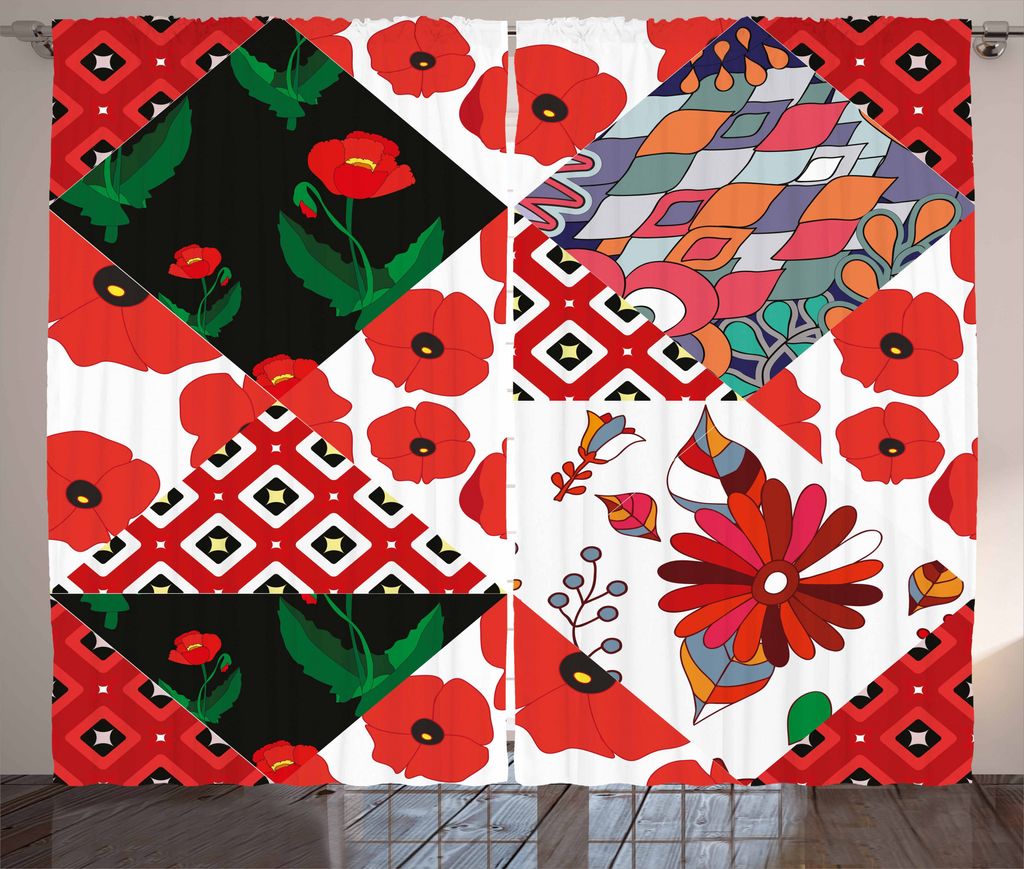 ABAKUHAUS Retro Rustikaler Gardine, Slavic Patchwork Poppy, Schlafzimmer Kräuselband Vorhang mit Schlaufen und Haken, 280 x 175 cm, Mehrfarbig