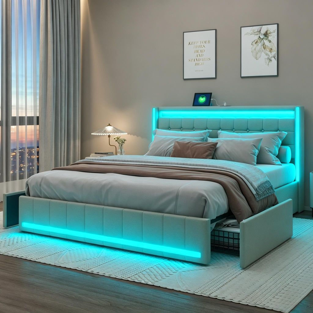 Lit coffre 160x200 cm, lit avec rangement, 4 tiroirs, lit Image du produit 