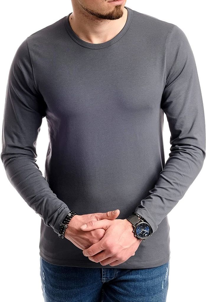 Jack & Jones Langarmshirt Herren Basic Stretch Longsleeve Shirt unifarben Rundhals, JJ-Langarm-Dark Slate-M