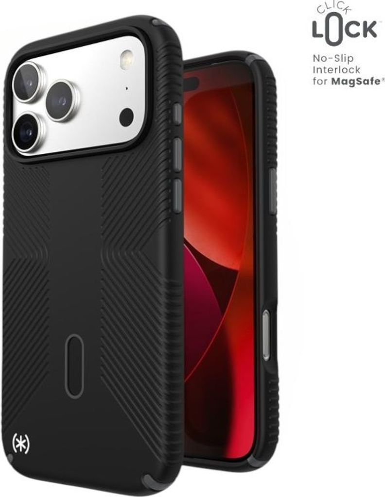 A black iPhone case with a red screen is shown against a white background.