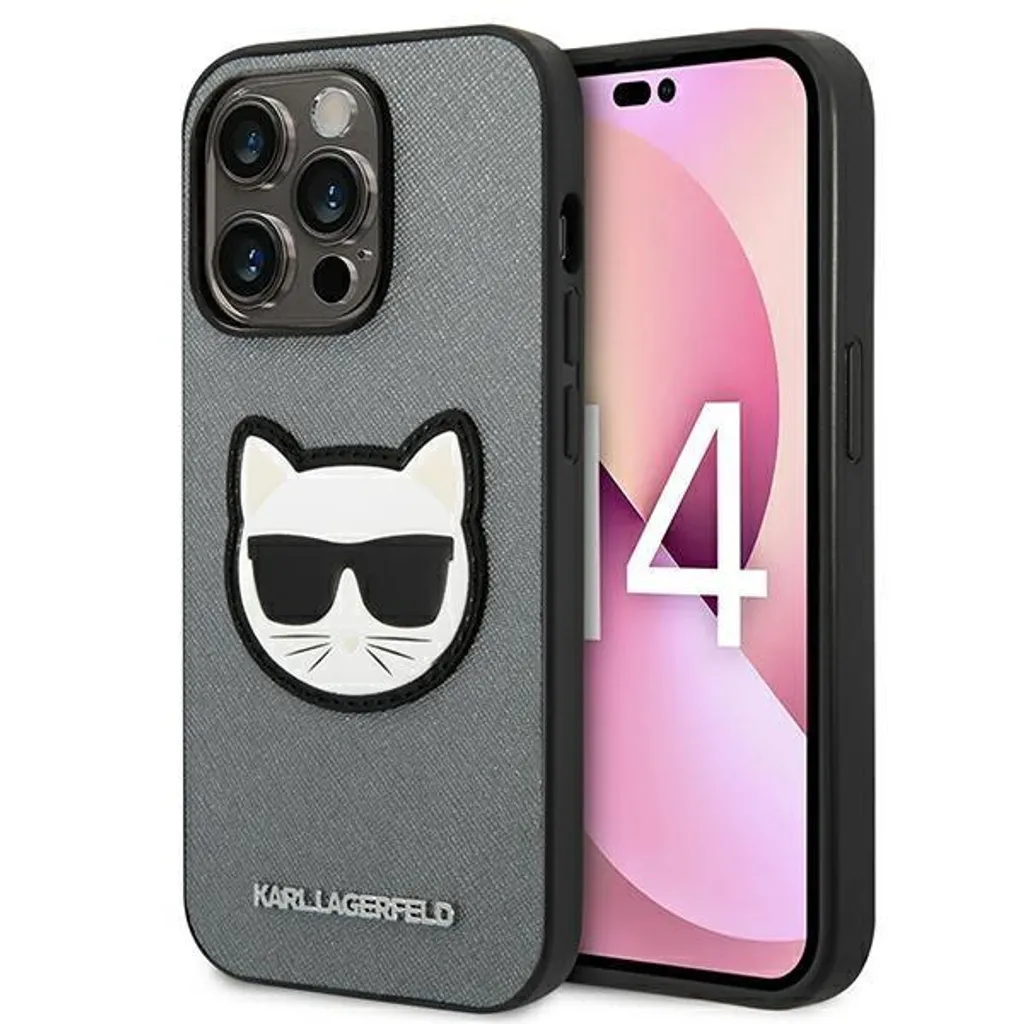 Custodia Karl Lagerfeld iPhone 14 Pro Argento Saffiano Choupette Head