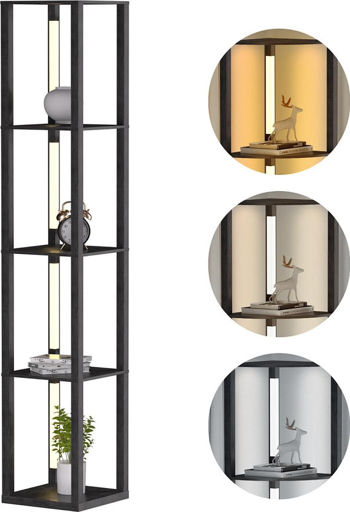 Faziango Stehlampe mit 4 LED-Stangen & Quadrat 4 Regalen, Dimmbare Standleuchte mit Fußschalter, mit 3-stufig dimmbaren LED-Leuchten 163cm Stehleu...