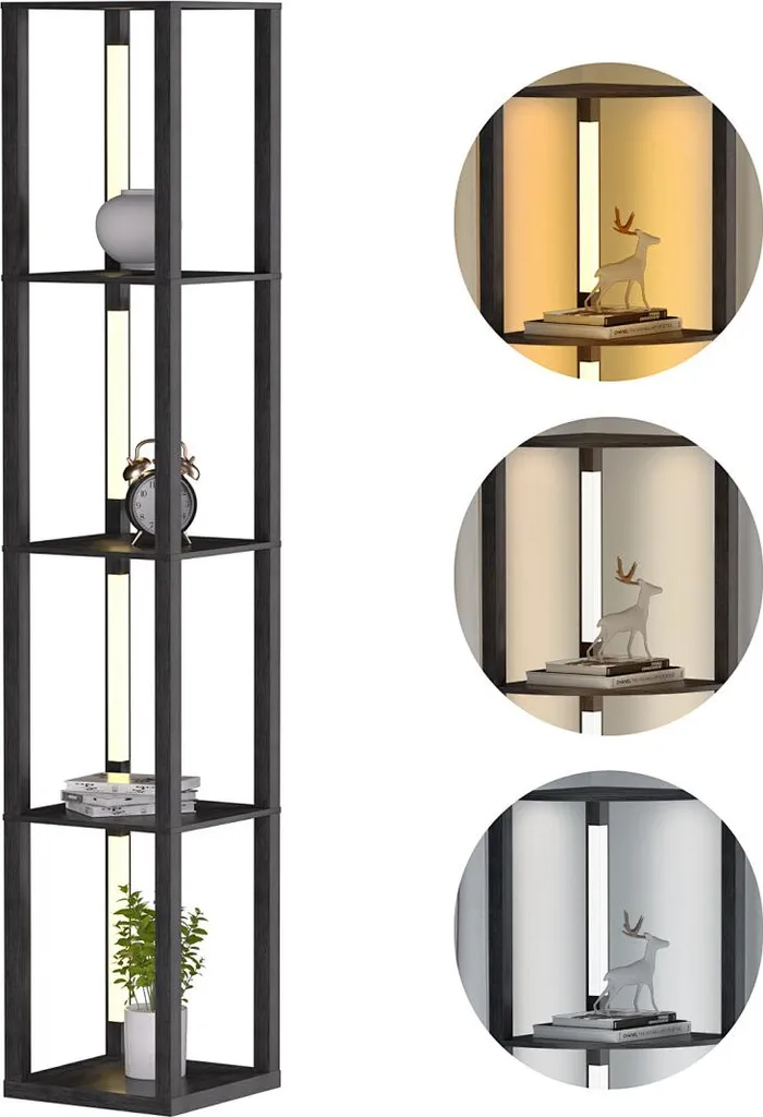 Lampadaire Étagère avec LED Variable et 4 Plateaux de Rangement Noir - 10