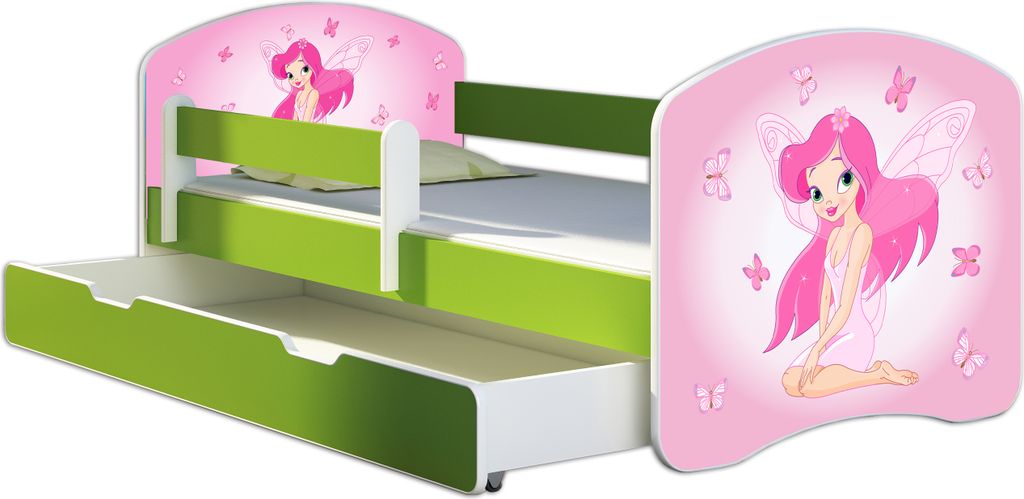 ACMA Jugendbett Kinderbett Junior-Bett Komplett-Set mit Matratze Lattenrost und Rausfallschutz Grün 07 Rosa Fee 160x80 + Bettkasten
