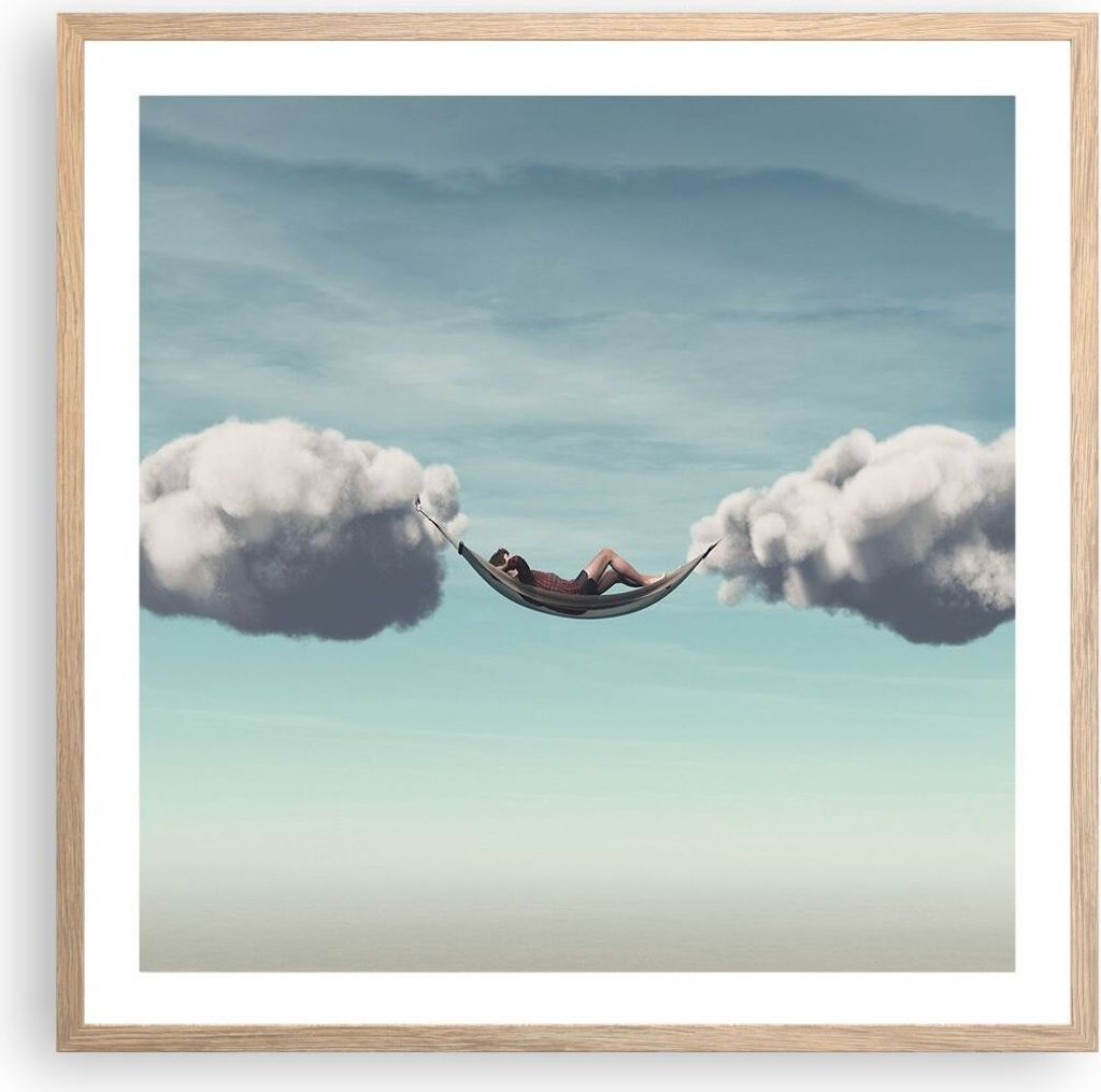 Gerahmtes Poster - Rahmen in heller Eiche - Wolken Hängematte Ruhe - 60x60 cm - Wand Bild - Wanddeko - Wandbilder - Kunstposter - Wandposter - Bil...