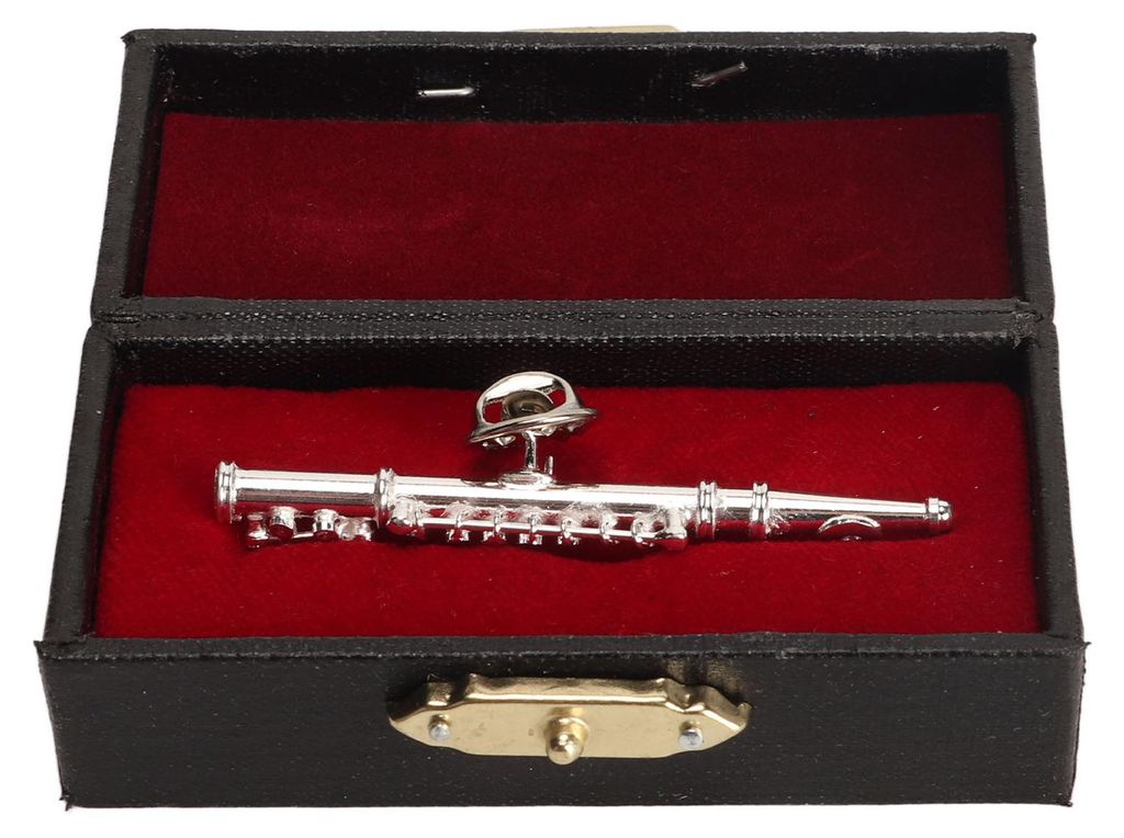 Silberne Flötenbrosche, Miniatur-Musikinstrument-Anstecknadel mit rotem, mit Samt gefüttertem Etui