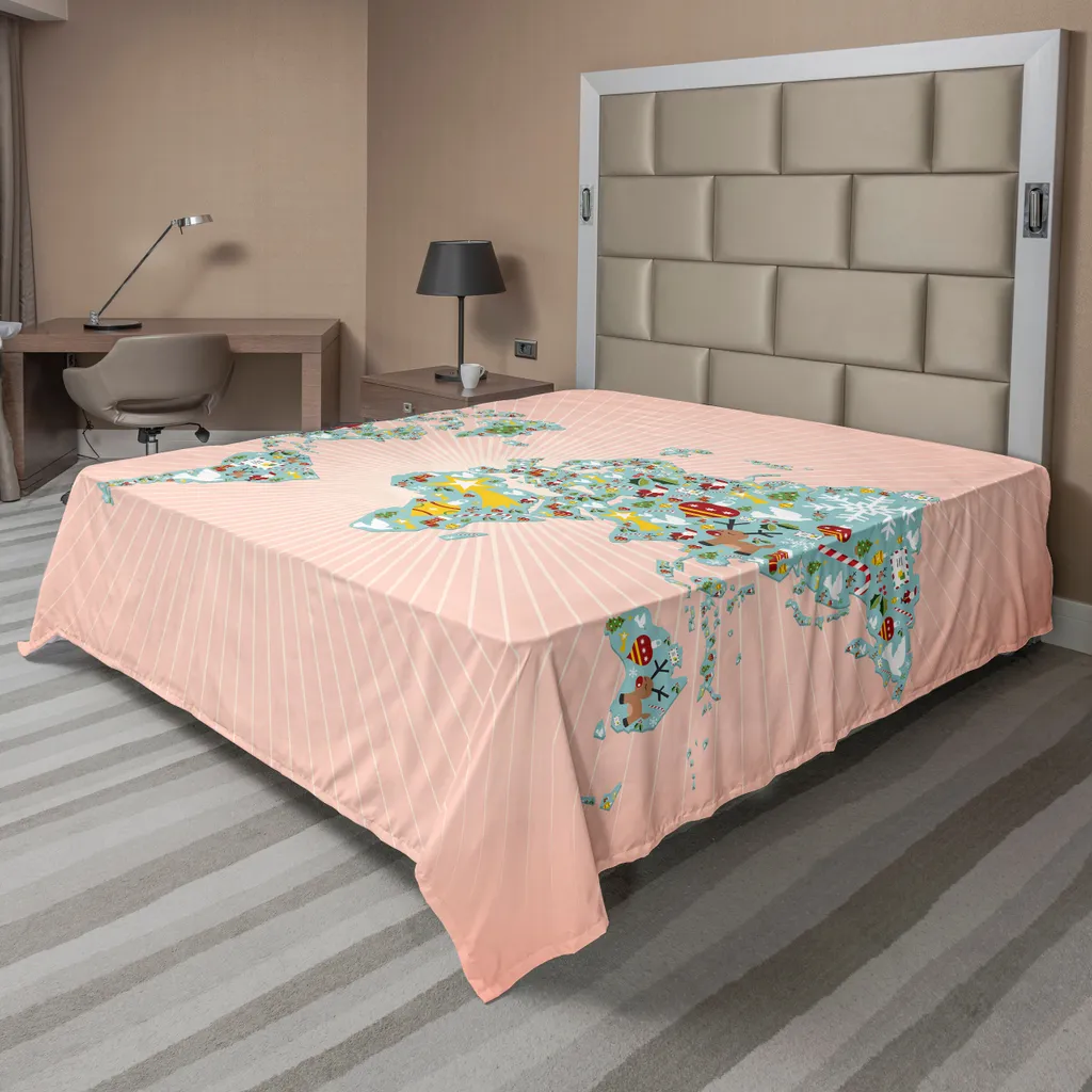 ABAKUHAUS Drap de Lit de Noël Carte du Monde Multicolore 244 x 205 cm