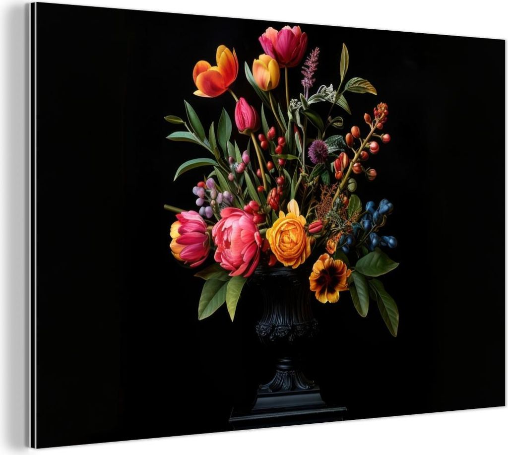 MuchoWow Wanddekoration Metall Metallbild Wandkunst 90x60 cm Tulpen - Beeren - Blumenstrauß - Vase MuchoWow Aluminium Gemälde - Wandbilder