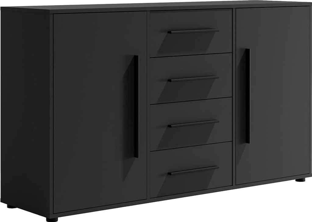 Wohnzimmer Sideboard mit 150 cm Breite, schwarz matt mit schwarzen Griffen, mit 2 Türen & 4 Schubladen - MOLLERUSA-132