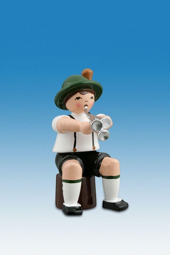 Holzfigur Musikanten mit Hut und Martinstrompete sitzend Höhe 7cm NEU