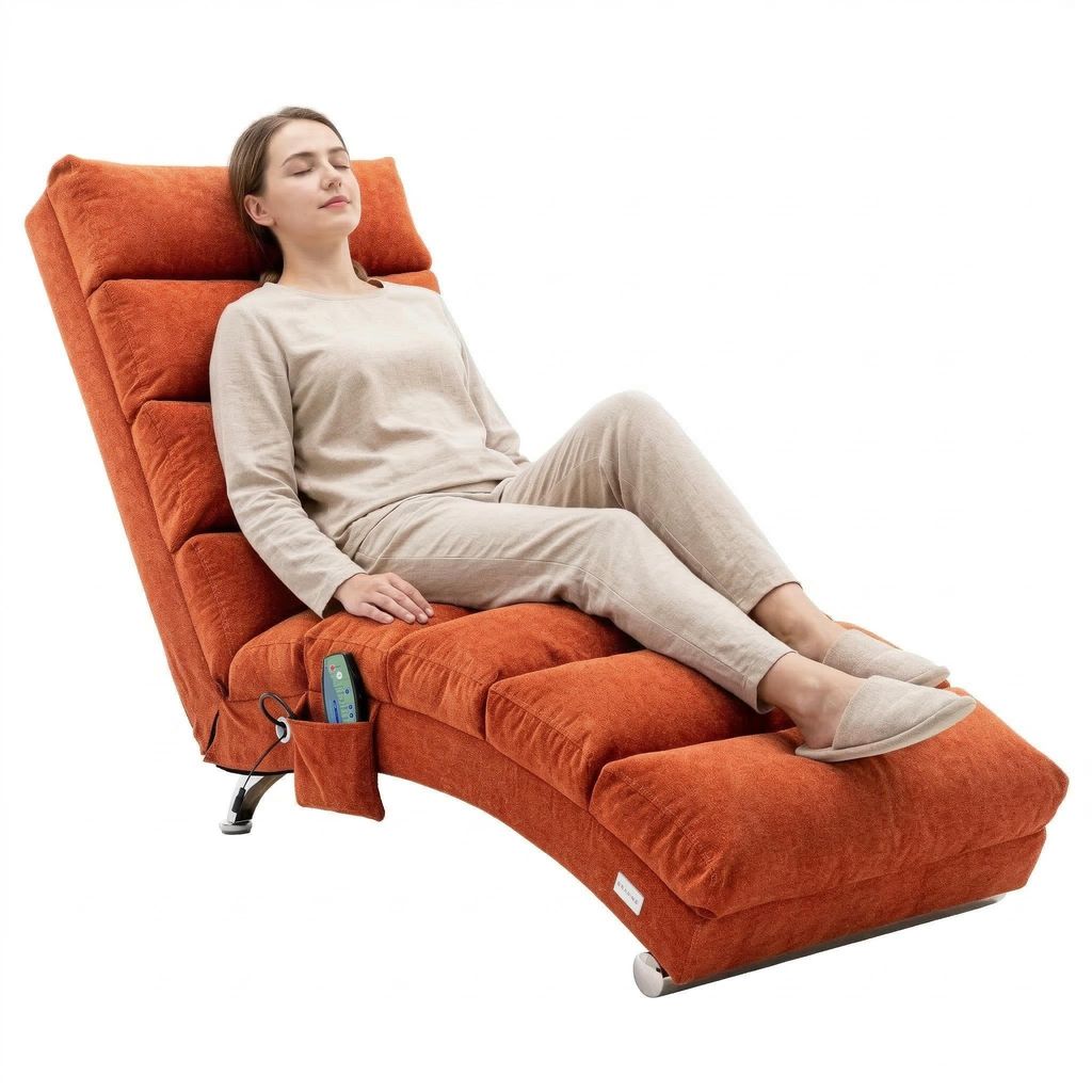 LVHOM 5-in-1 Funktion Polsterliege Chaiselongue Relaxliege, Liegesessel mit Schlafen- und Vibrationfunktion, Bodenstuhl aus Leinenbezug, Orange