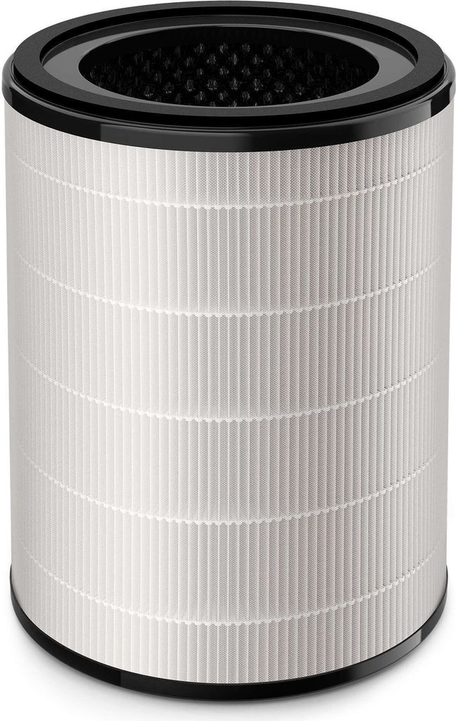 A cylindrical air filter with a white pleated filter material and black top and bottom.