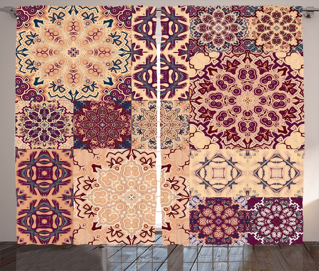 ABAKUHAUS Jahrgang Rustikaler Gardine, Blumenfliesen, Schlafzimmer Kräuselband Vorhang mit Schlaufen und Haken, 280 x 245 cm, Orange Rot