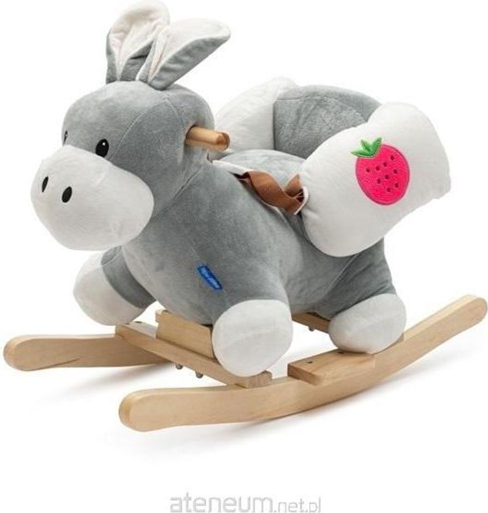 A plush donkey rocking toy on a wooden base, shown against a white background.