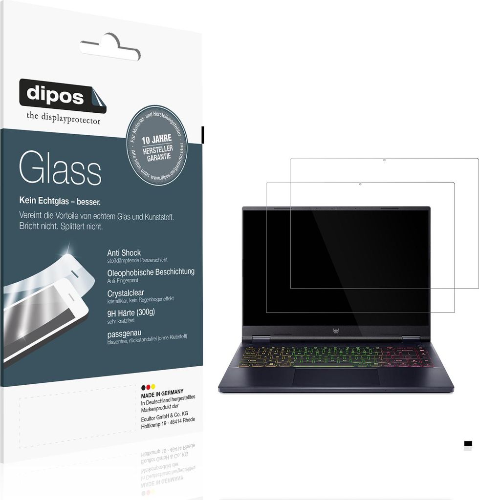 2x Schutzfolie für Acer Predator Helios Neo 14 AI - Anti-Shock 9H Folie dipos Glass Kunststoffglas