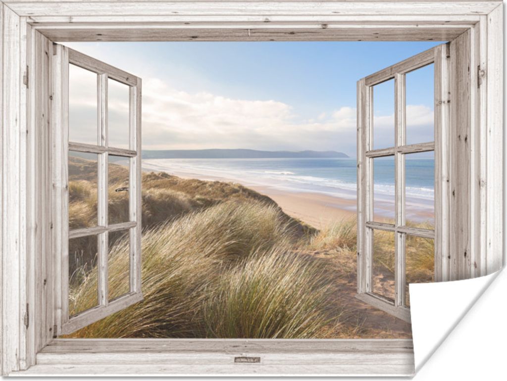 MuchoWow Poster Durchblick - Strand - Meer - Dünen - Strandgras - Sand - Blau 40x30 cm - Plakate für die Wände - Poster Wohnzimmer