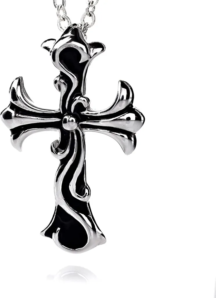 Ciondolo a croce medievale in acciaio inossidabile Karisma con rivestimento in smalto nero e catena in acciaio inossidabile PYU003,45cm