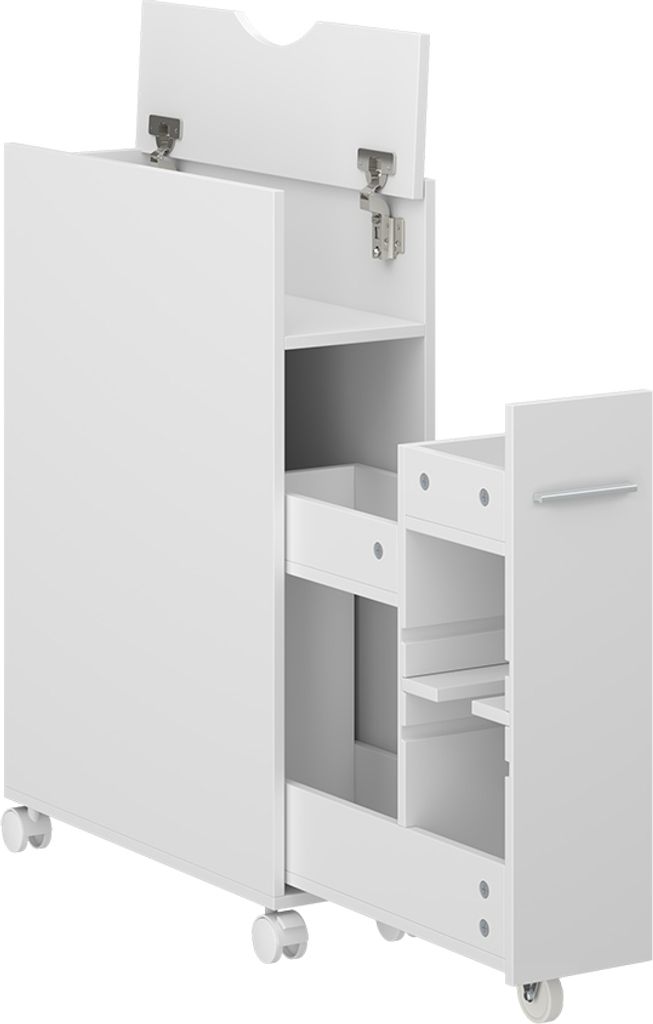 A white bathroom cabinet with an open drawer and a hinged lid.