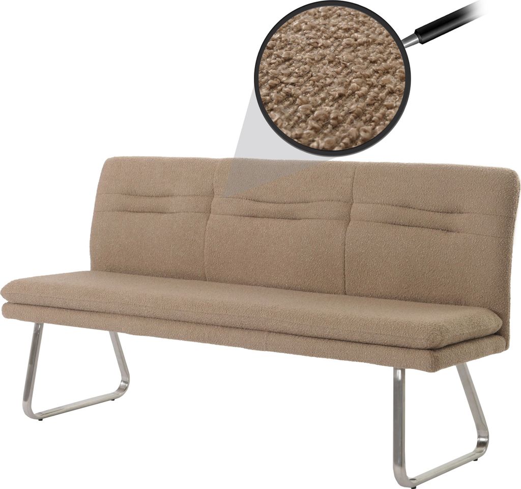 Sitzbank MCW-H70, Esszimmerbank Bank Polsterbank, Lehne Stoff/Textil Bouclé Edelstahl gebürstet 180cm coffee-braun