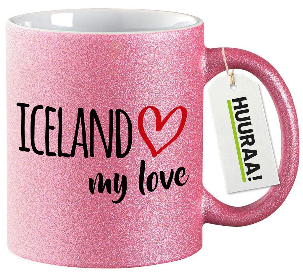 Huuraa Glitzertasse Iceland my love 330ml Pink Keramik Kaffeebecher Geschenkidee