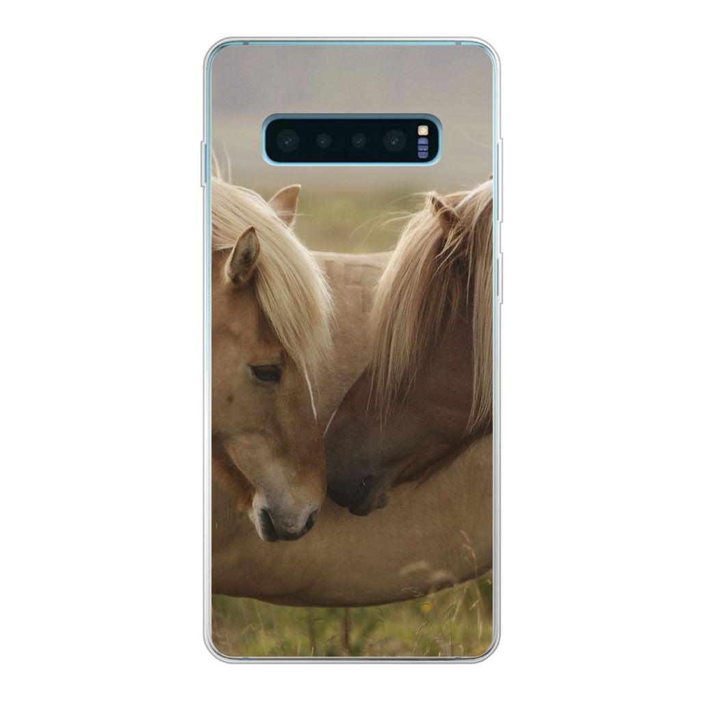 MuchoWow Handyhülle Schutzhülle Hülle für Samsung Galaxy S10 Plus Pferde - Gras - Braun Silikon Softcase Handy Hülle - Schutzhülle
