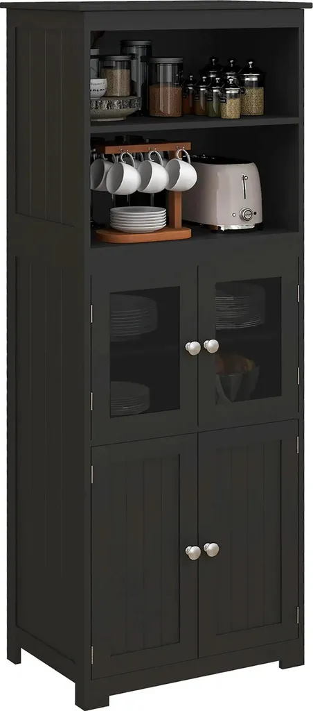 Rangement de cuisine vertical noir avec niches pour micro-ondes et déco