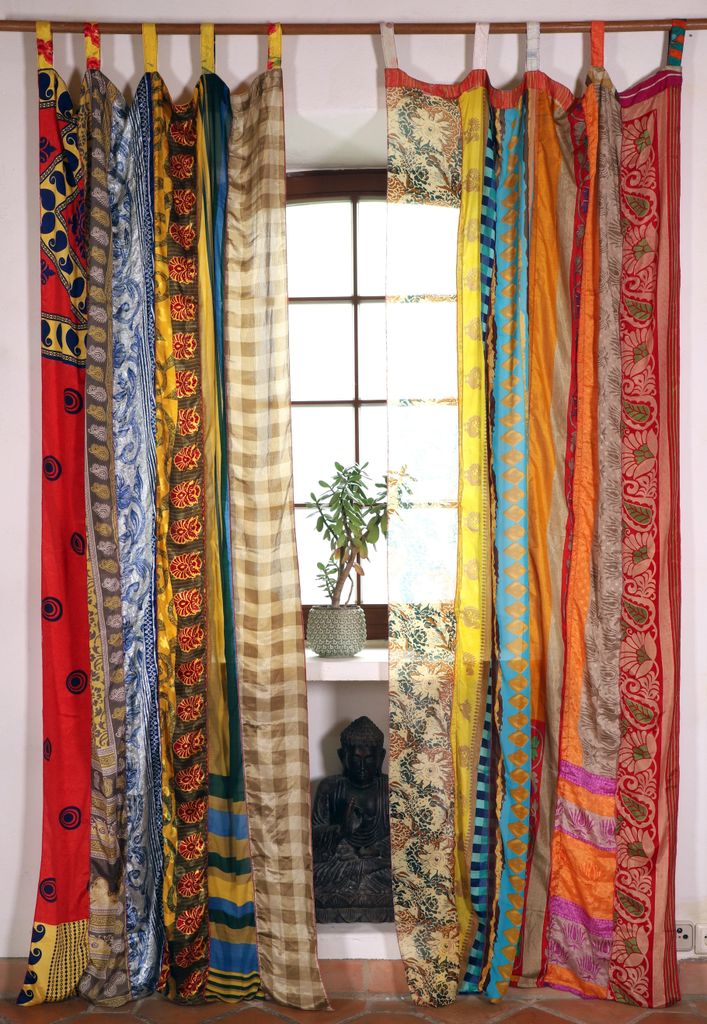 Seidiger Vorhang (1 Stk.) Gardine aus Patchwork Sareestoff, Unikat - Mix/bunt, Mehrfarbig, Polyester, 250*100*0,2 cm, Dekovorhänge