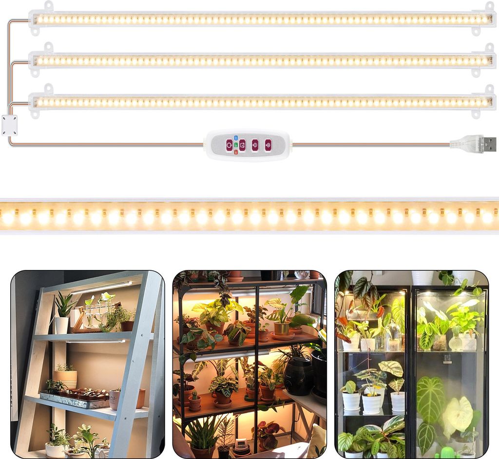 Collage of images showing LED grow lights, a shelf with plants under grow lights, and a grow tent with plants under grow lights.
