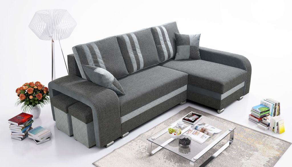 Robin York Ecksofa mit Schlaffunktion 2x Bettkasten 2x Kleine Kissen 2x Hocker Sofa L-Form Schlafsofa Freistehende Eckcouch Schlafcouch Wohnzimmerm...
