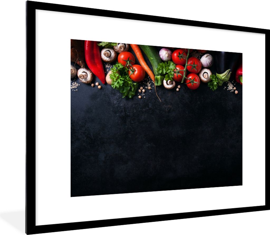 MuchoWow Gerahmtes Poster Gemüse - Kräuter - Gewürze - Schwarz - Rustikal - Küche 80x60 cm - Poster mit Schwarzem Bilderrahmen Wandposter Rah...