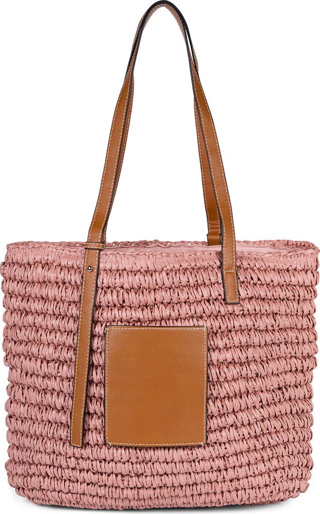 styleBREAKER Korbflecht Schultertasche aus Papierstroh mit Kunstleder Details | Damen Shopper Basttasche geflochten mit Reißverschluss | Strandtas...