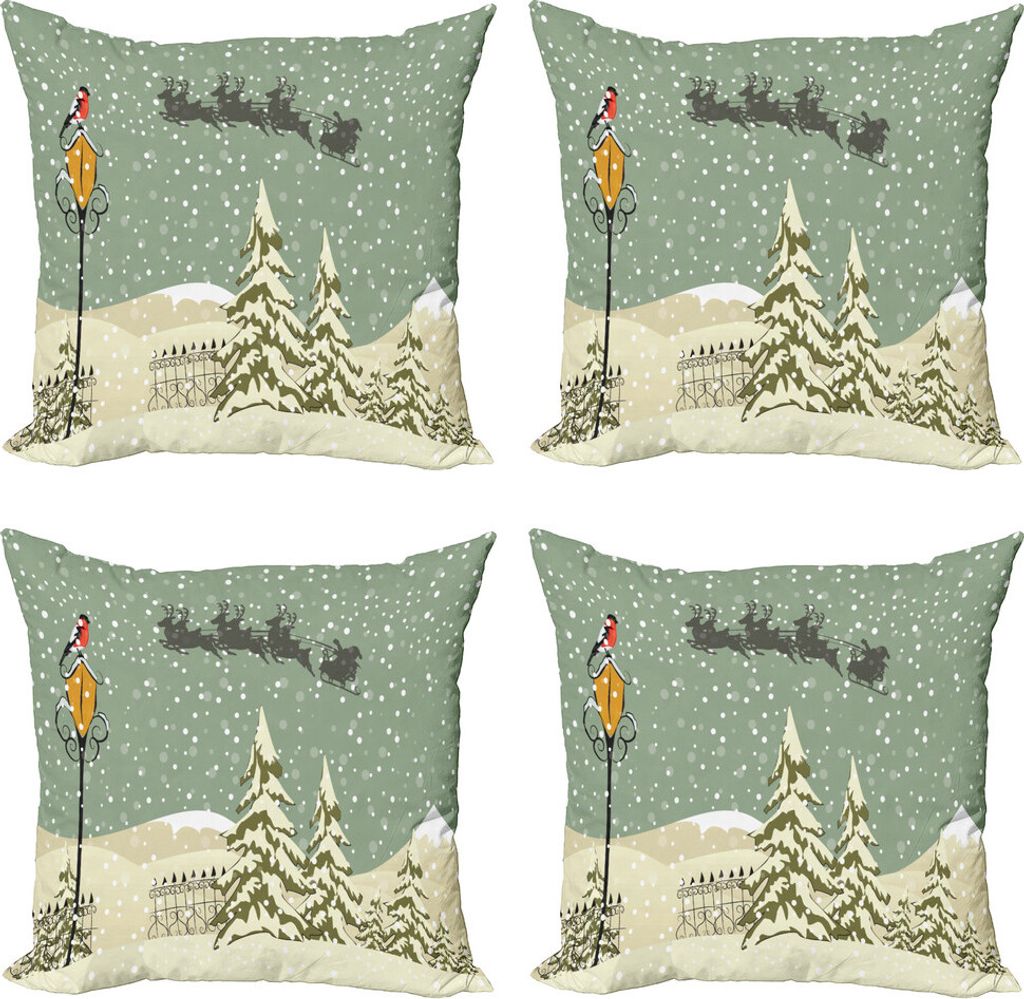 ABAKUHAUS Weihnachten Kissenbezug Set (4 Stück), Weihnachtsmann-Ren, Moderner Doppelseitiger Digitaldruck, 40 cm x 40 cm, Beige, Grün, Weiß