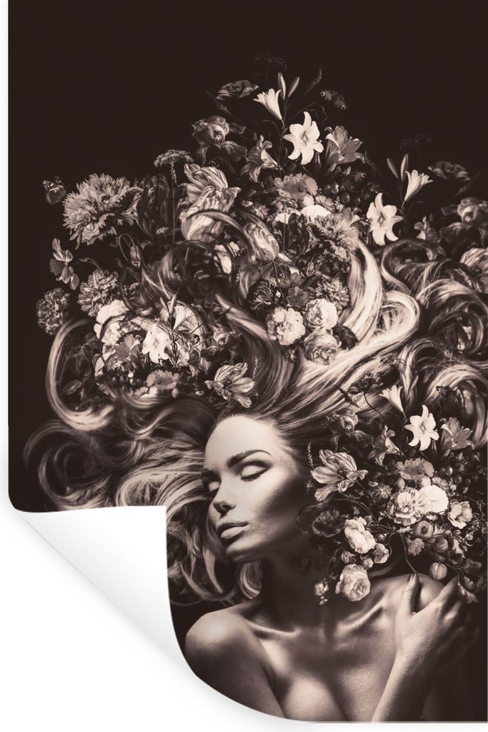 MuchoWow Wandtattoo Wandsticker Wandaufkleber Blumen - Frau - Natur 60x90 cm Selbstklebend und Repositionierbar - Sticker - Dekorfolie
