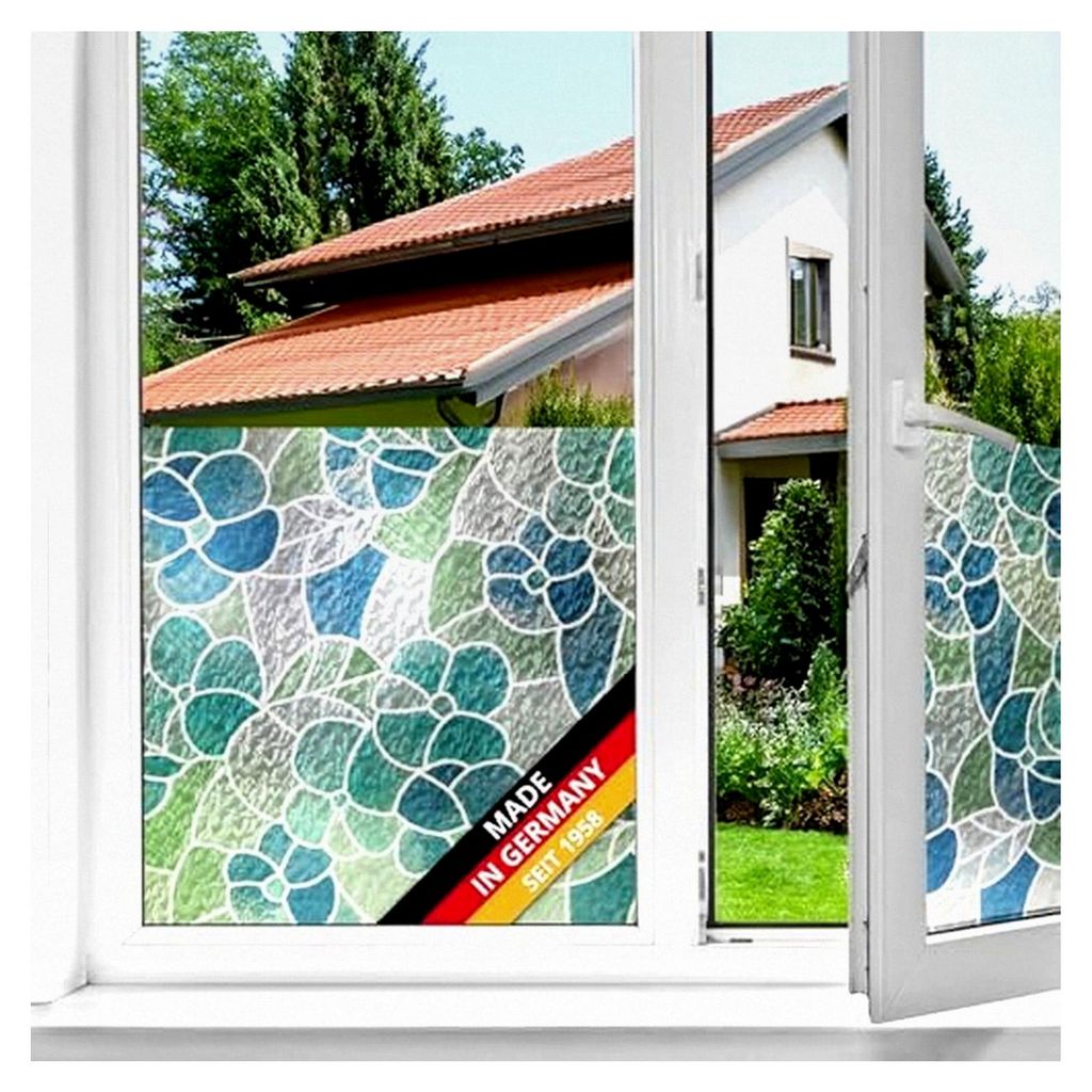 Fensterfolie Lisboa Blau - 45 cm x 2 m – selbstklebende Sichtschutzfolie mit modernem Muster für Glasflächen