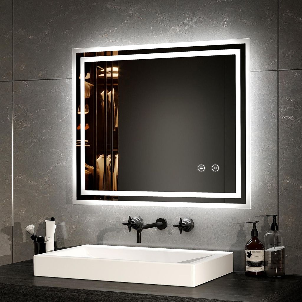 EMKE LED Badspiegel 60x50cm Badspiegel mit Beleuchtung Kaltweiß Lichtspiegel Badezimmerspiegel Wandspiegel mit Touchschalter + Beschlagfrei IP44 E...
