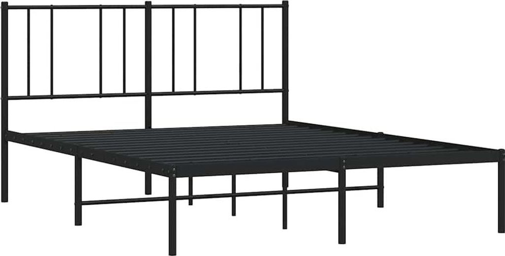 A black metal bed frame with a headboard is shown against a white background.