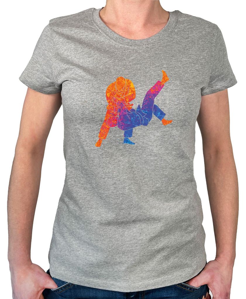 Huuraa Damen T-Shirt Judo bunte Silhouette L Sport Grey Bio Baumwolle Fairtrade Damenshirt Geschenkidee
