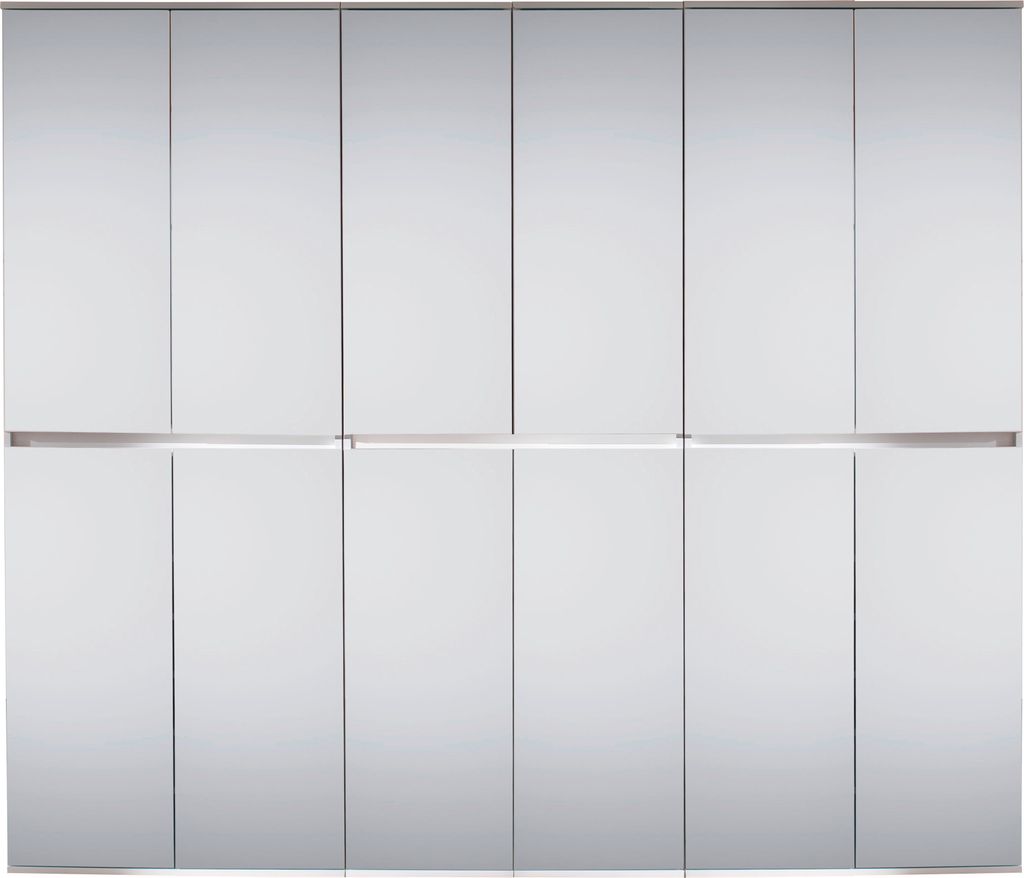 A full frontal view of a mirrored wardrobe with multiple doors.