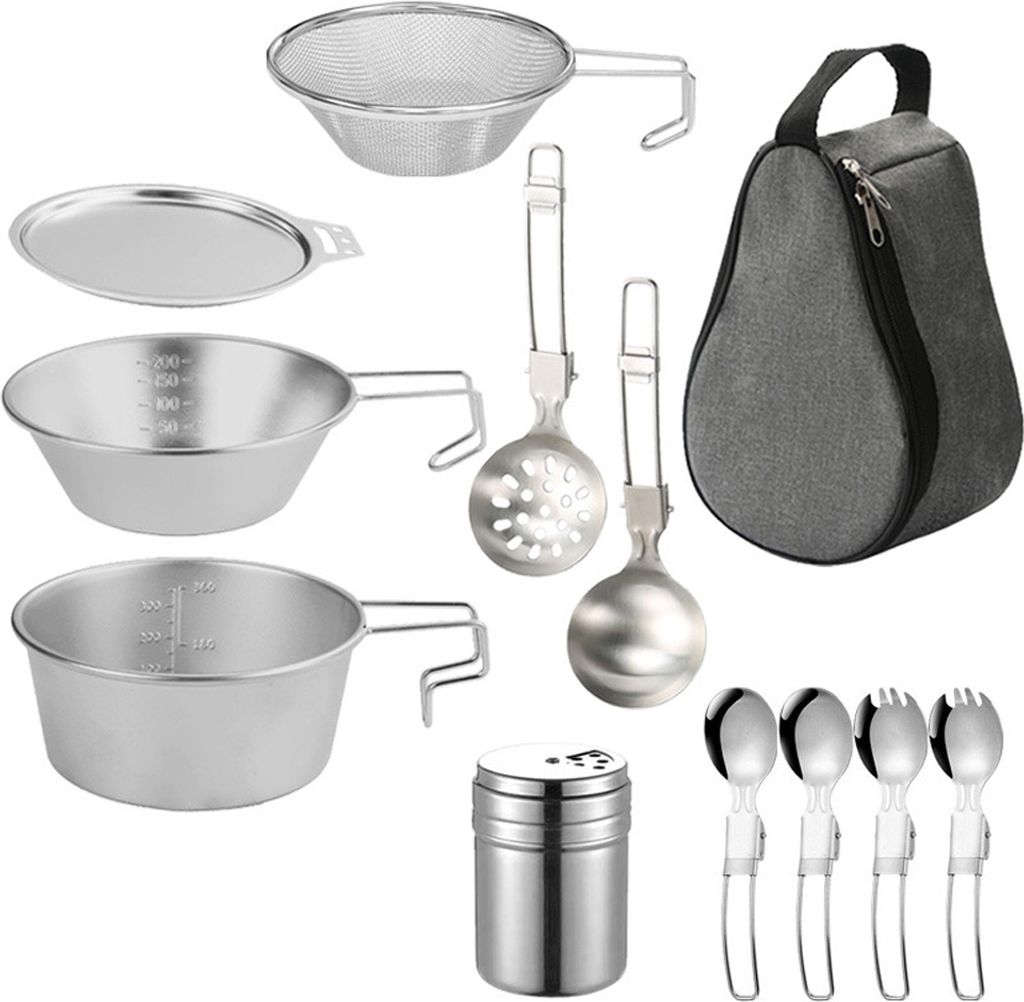 Outdoor-Kochgeschirr-Set, Edelstahl-Campingschuessel mit Sieb, Loeffel, Spork-Schuessel-Abdeckung fuer Camping, Wandern