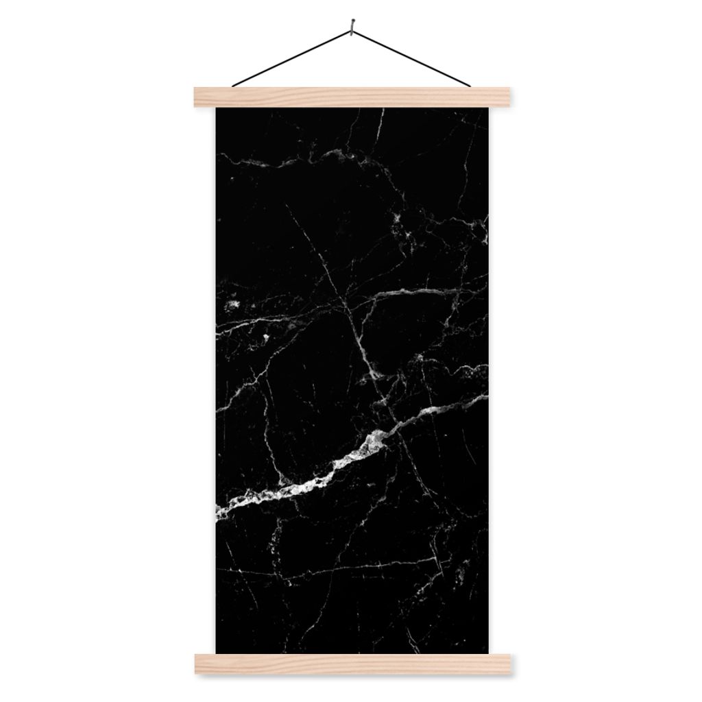 MuchoWow Textilposter Marmor - Schwarz - Marmoroptik - Weiß - Luxus - Stein 60x120 cm mit holzfarbenen Rahmen - Holz