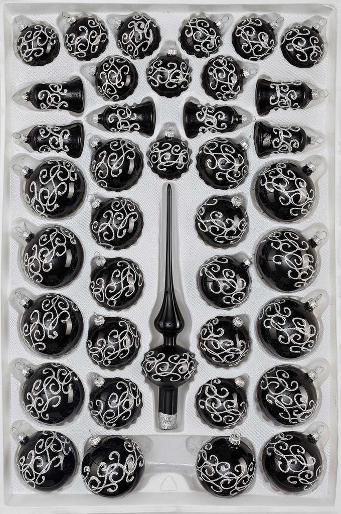 39 tlg. Glas-Weihnachtskugeln Set in Hochglanz-Schwarz-Silberne-Ornamente