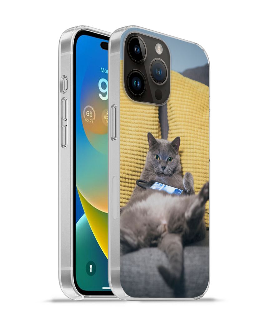 MuchoWow Handyhülle Schutzhülle Hülle für Apple iPhone 14 Pro - Softcase Katze - Bank - Faule Silikon Softcase Handy Hülle - Umschlag