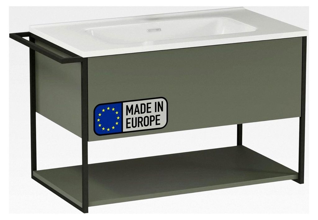 Duna Waschtisch mit Unterschrank – 80 cm breit, Keramikwaschbecken in Weiß und Unterschrank in Grün, 2 Schubladen im skandinavischen Design